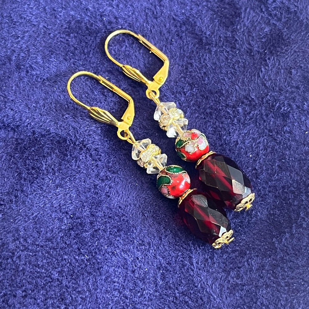 Red enamel floral Cloisonné dangle drop Earrings